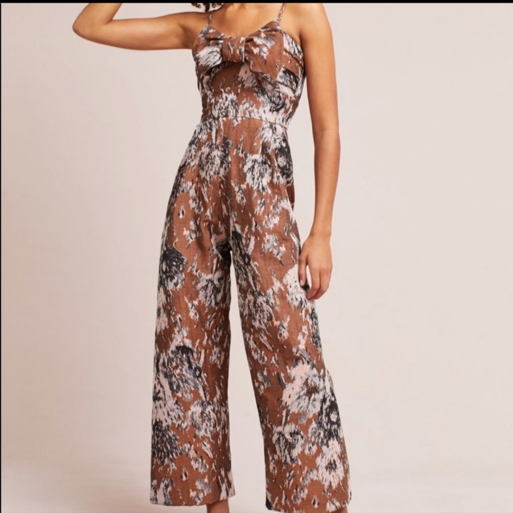 Anthropology Petersyn brown jacquard jumpsuit size LARGE